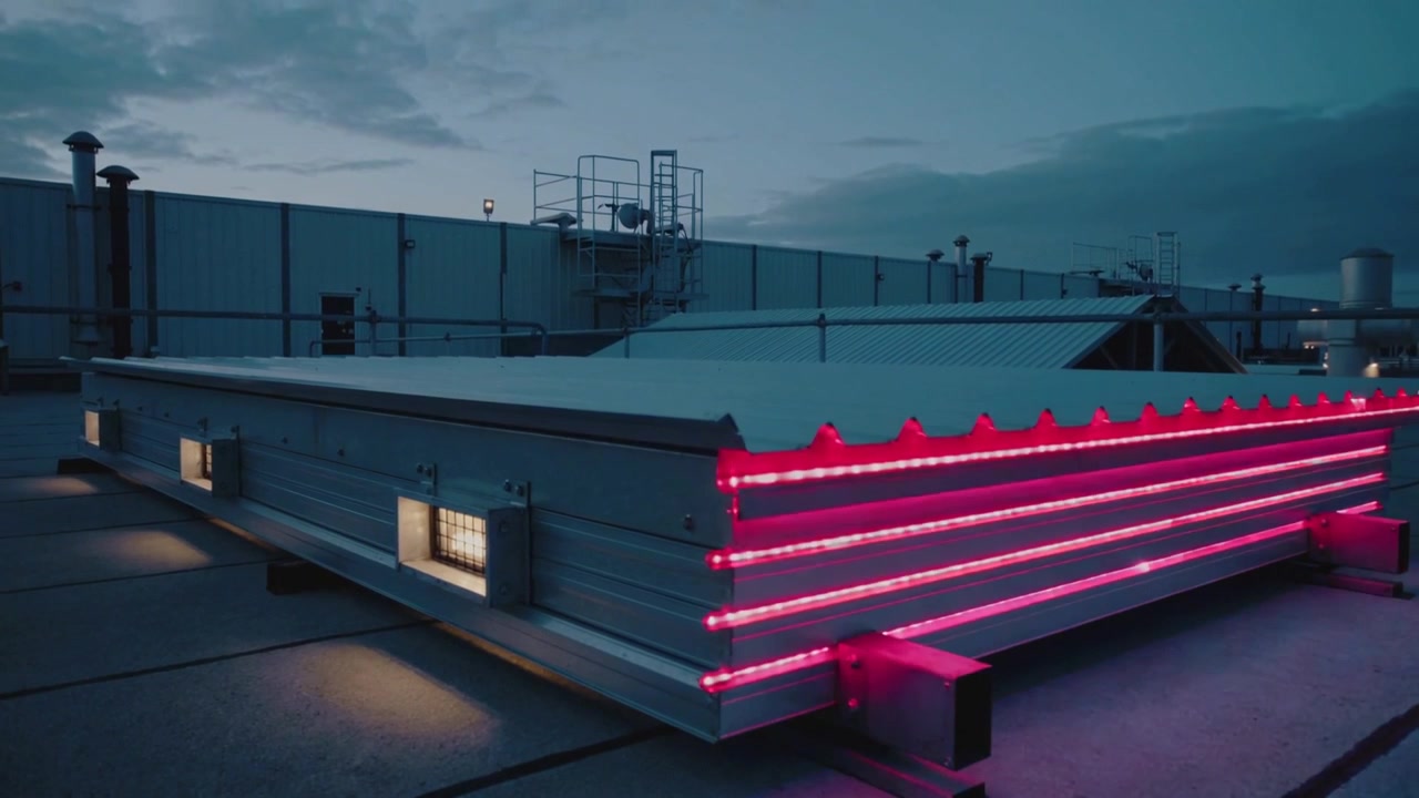 Running lighting program, metal rooftop skylight shifting LED hues at twilight with three strips