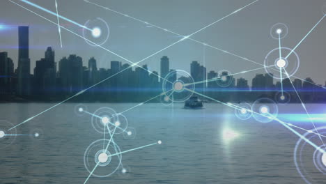 animation of network of connections over cityscape