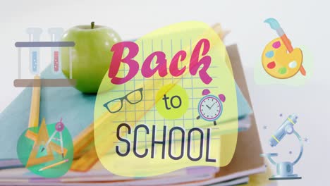 back to school text against stack of books