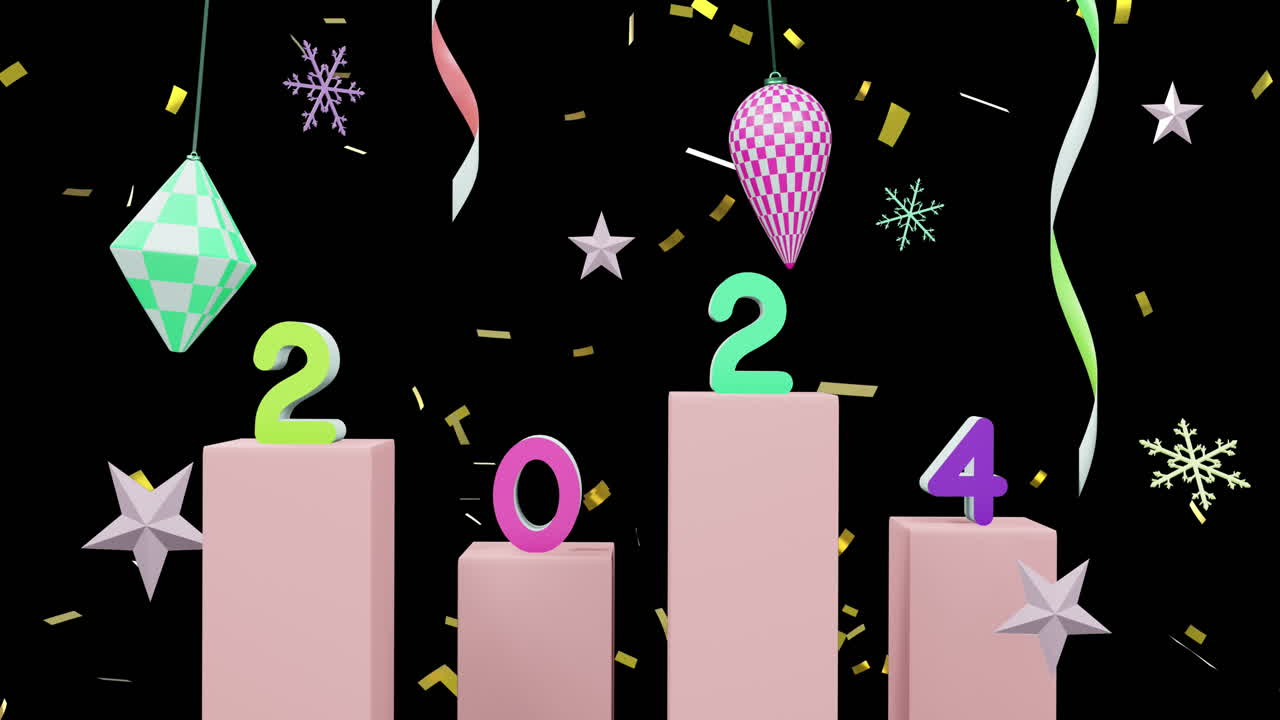 animación del texto de 2024 y decoraciones navideñas en el fondo