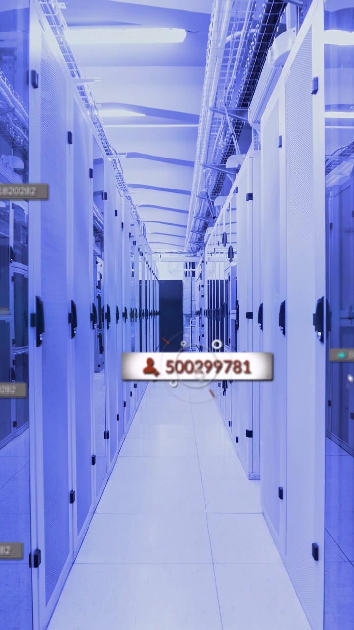 Data center aisle showing overlays on cursor moving, tagging rack IDs for audit then clearing