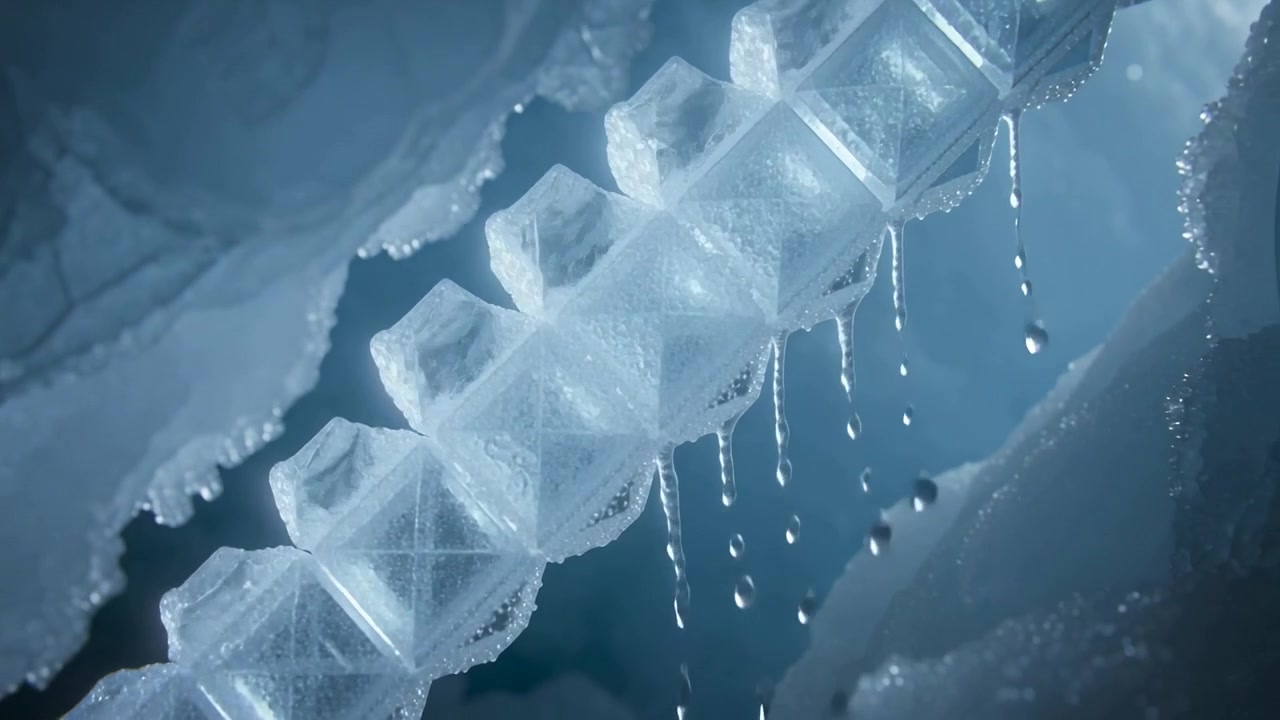 氷の洞窟内で、脈動する光線が水晶の柱を凍らせ、溶かし、滴らせている様子
