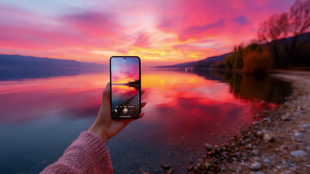 Catturare un meraviglioso riflesso del tramonto su un lago: la bellezza della natura attraverso l'obiettivo di uno smartphone con colori vivaci e acque serene sullo sfondo