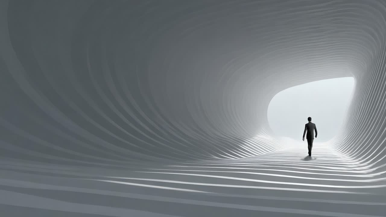 A solitary figure walking through an abstract, undulating tunnel of light and shadow, representing the journey of exploration, introspection, and the pursuit of clarity in a surreal environment