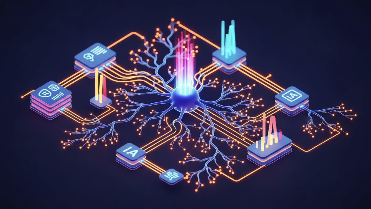 A Visual Representation of Neural Networks: An Abstract Connection of Data Points and Computational Nodes Reflecting Advanced AI Technology and Information Processing