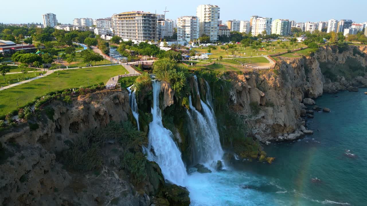 4K Cinematic aerial video capturing the unique beauty of Lower Düden Falls where freshwater meets the Mediterranean -Antalya - Turkey_01