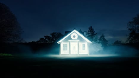 a white house in the fog at night