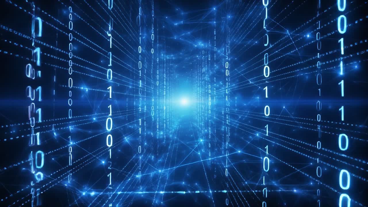 Futuristic Digital Network Tunnel with Binary Data Flow