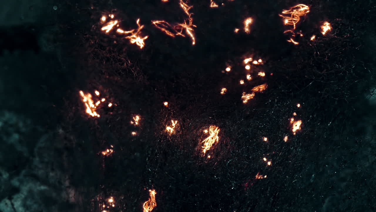 Burning fire close-up shot showing flames and sparks .moving through dark texture