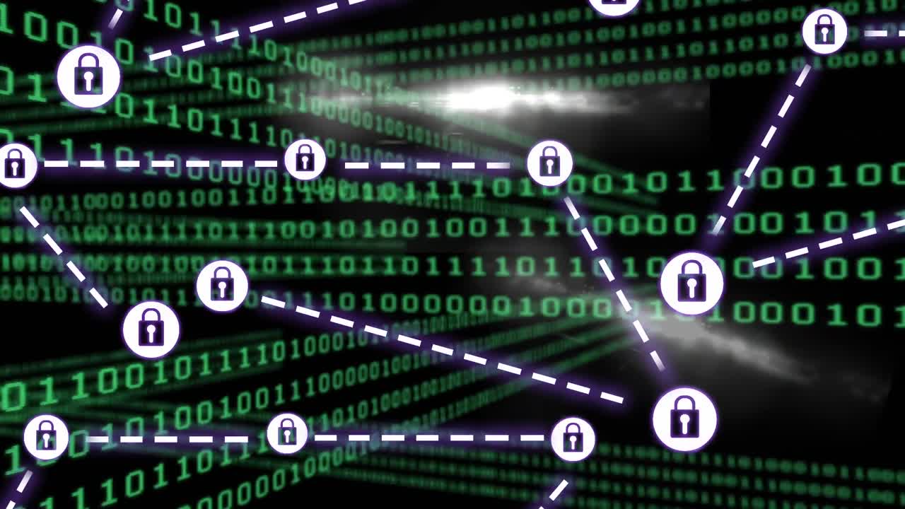 Animation of binary coding, network of connections with icons