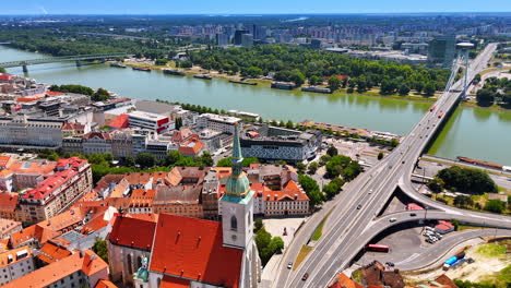 amazing historical architecture of bratislava, slovakia. view on the danube flowing through the city. aerial perspective
