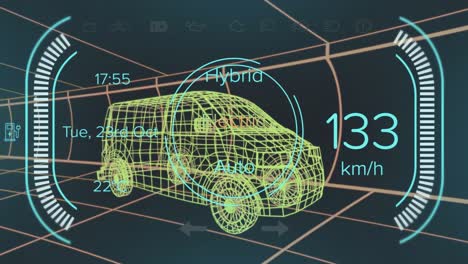 animation of digital car interface and data processing over 3d model of car
