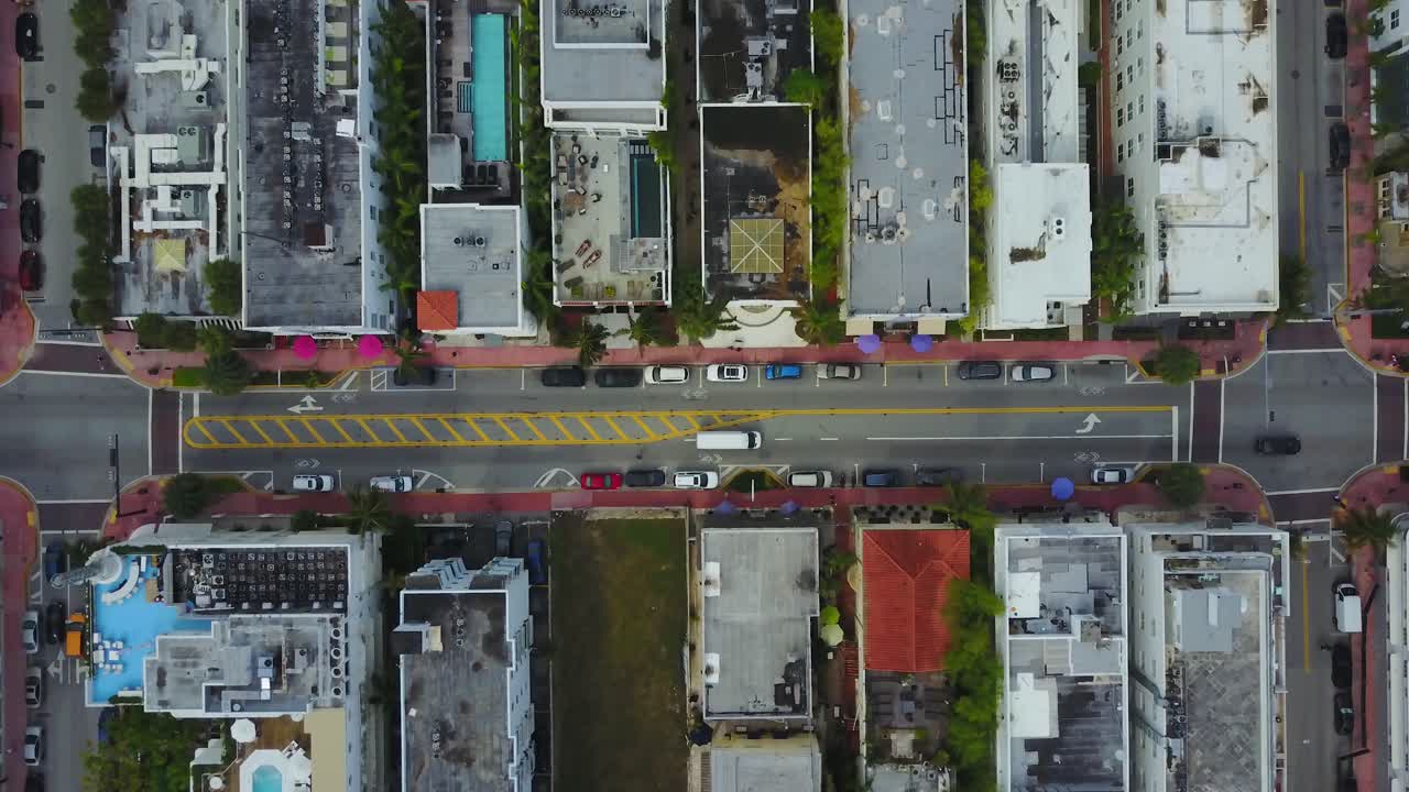 High Angle Aerial View of Traffic on Collins Avenue, Miami South Beach, Florida USA