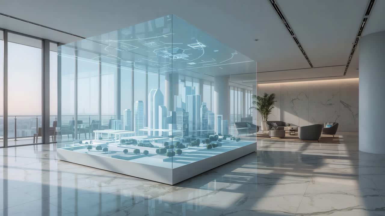 Futuristic City Model Display in Modern Office Space