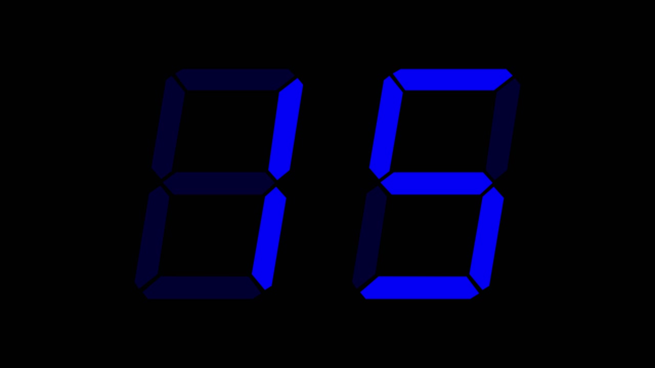 Blue digital clockface with 2 digits. 30 seconds digital countdown from 30. Blue digits on black. Retro digital alarm clock animation element, clean digital clock on keyable background