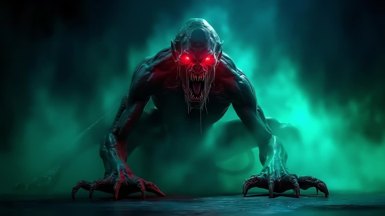 A demonic creature with red eyes and fangs in a dark room
