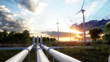 oleoducto de hidrógeno y turbinas eólicas. los paneles fotovoltaicos mejoran la generación de energía limpia. puesta de sol
