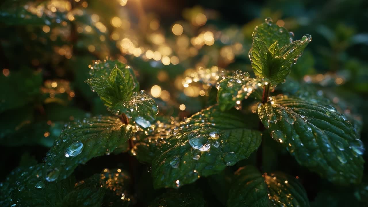 Captivating Close-Up of Dewy Green Mint Leaves Glimmering in Soft Morning Light, Showcasing Nature's Beauty and Freshness on a Serene Background