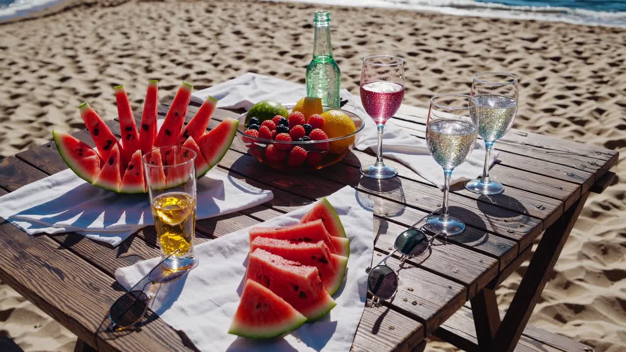 Slices of refreshing watermelon, a bowl of mixed berries and fruit, glasses of sparkling wine and beer are set on a wooden picnic table on a sandy beach, creating a perfect summer scene