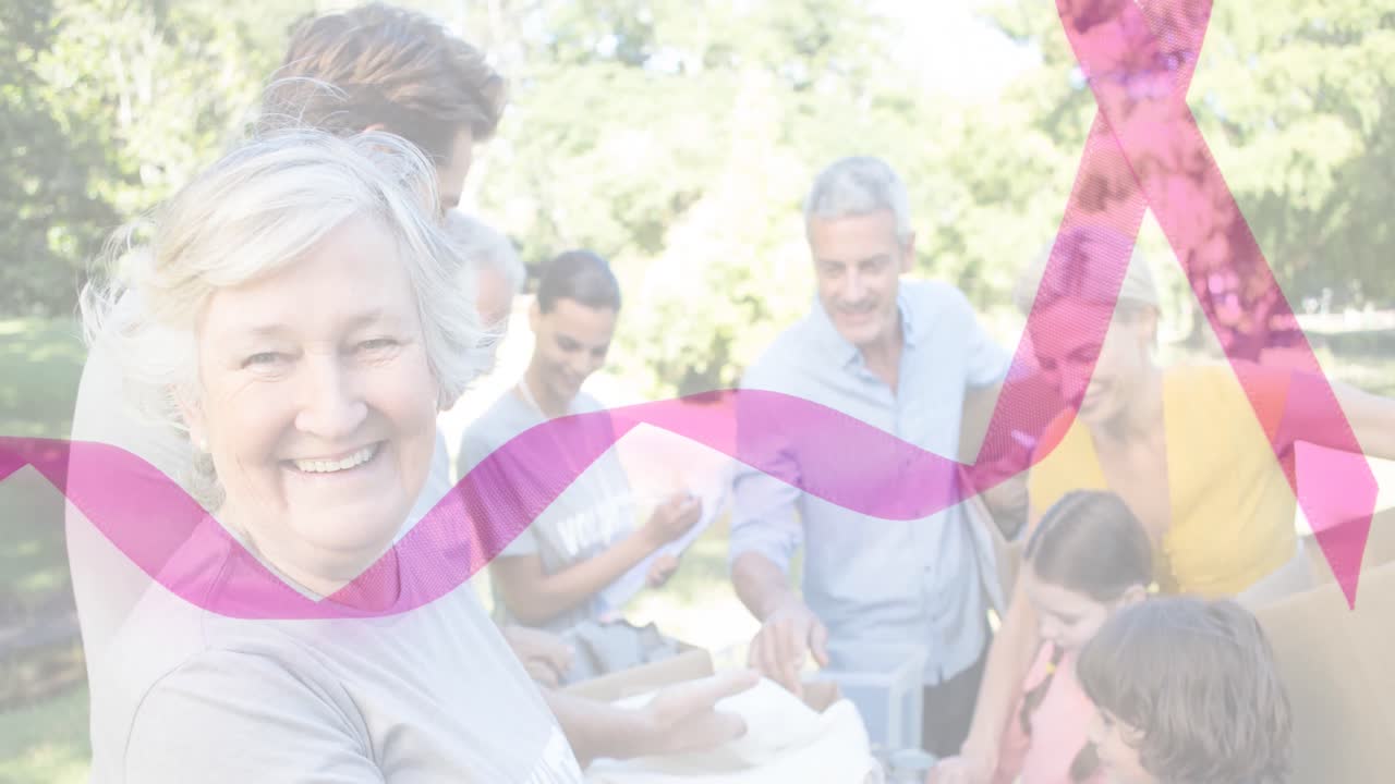 암 리본 위에 다양한 자원봉사자 그룹의 애니메이션