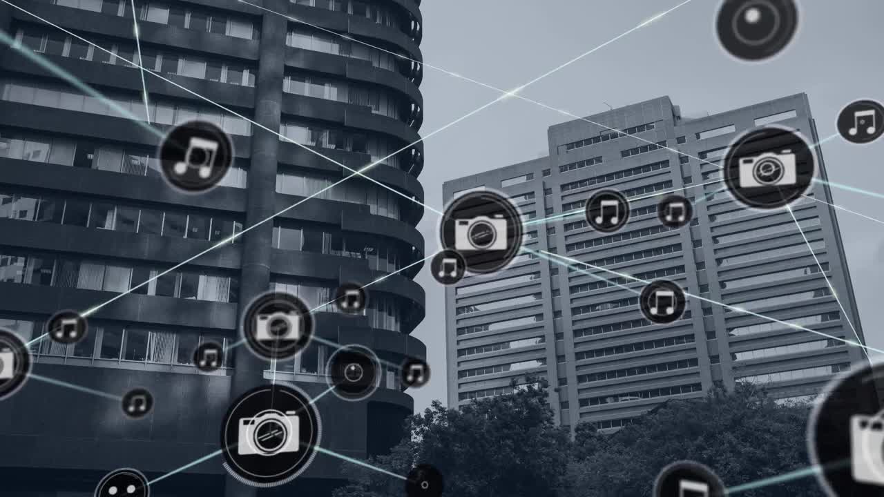 Animação de rede de conexões com ícones sobre a paisagem urbana