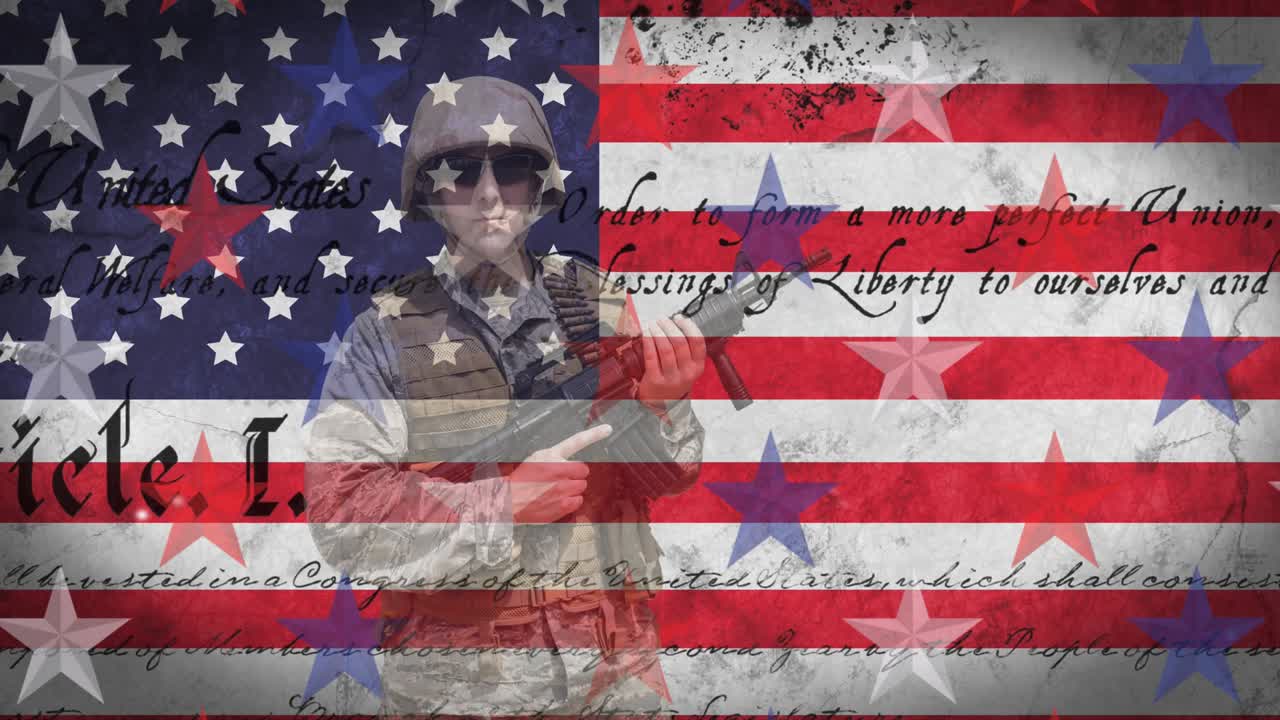 animación de soldado con texto de la constitución estadounidense y estrellas sobre la bandera estadounidense