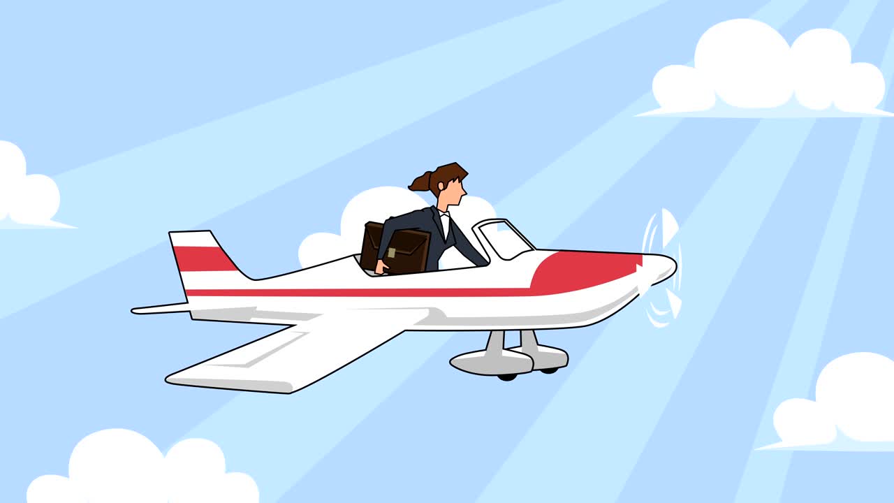 personaje de mujer de negocios de dibujos animados plano con bolsa de maleta volando en avión rojo animación de avión con alfa mate