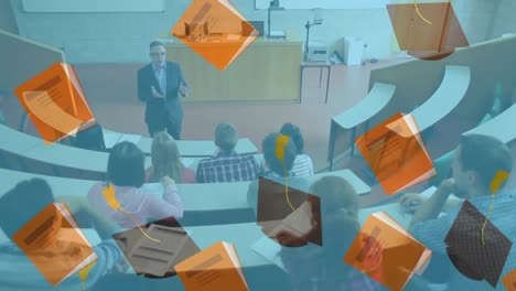 libros y tapas de graduación cayendo contra el profesor que enseña en la universidad