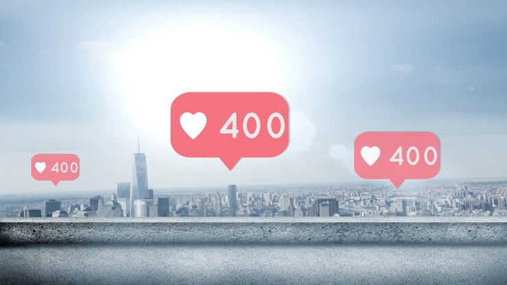 Ikon 'like' dengan angka yang meningkat dan latar belakang kota 4k