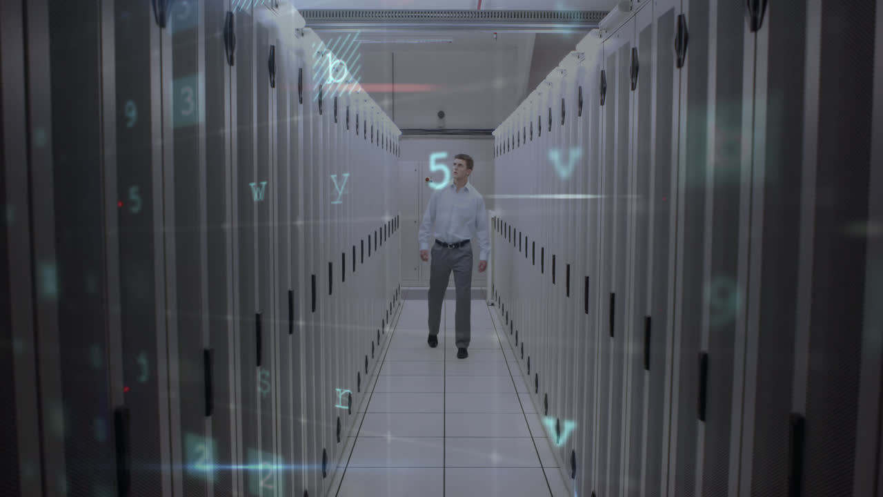 animación de escaneo de virus y servidores de comprobación de hombres caucásicos