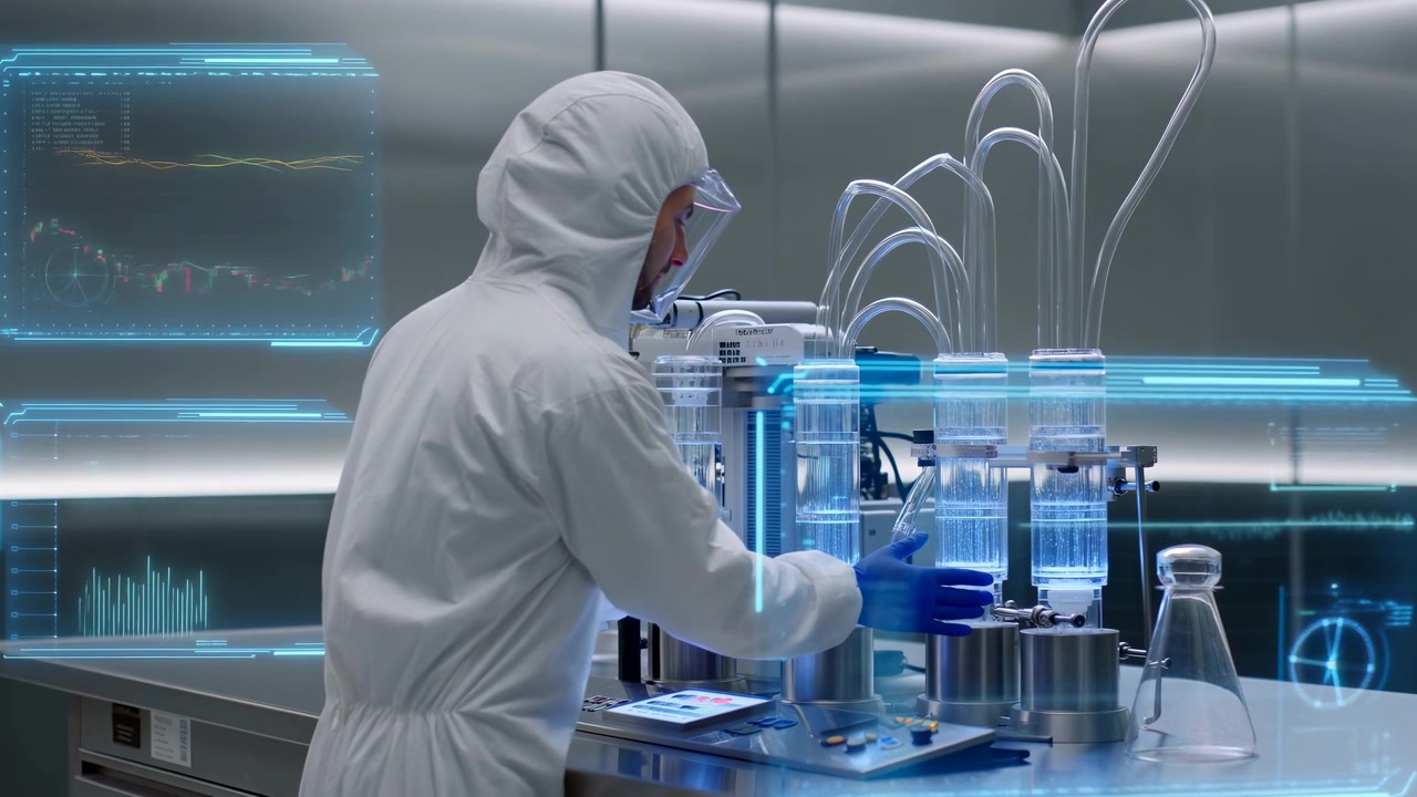 White Male Scientist In Cleanroom Operating Bioreactor System, Connecting Tubing To Glass Reactors, Monitoring