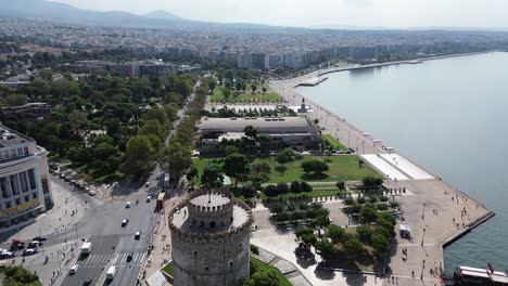 thessaloniki white tower: majestic cityscape in 4k aerial video