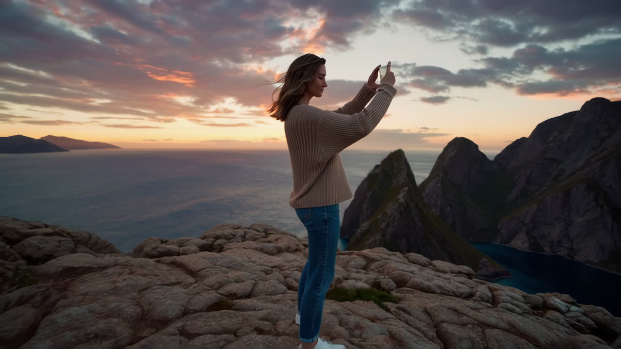 Woman taking photos on a cliff at sunset
