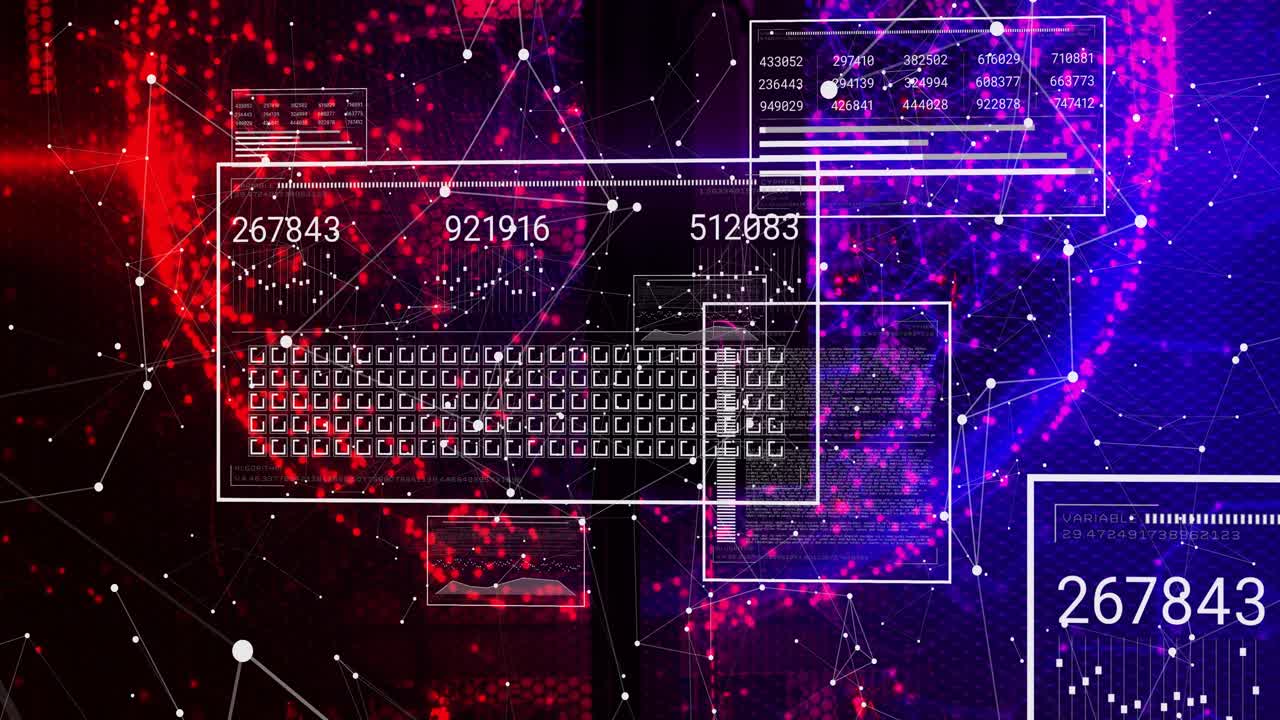 Nodes sparking wireframe keyboard emerging grid pulsing and numbers updating showing data flow
