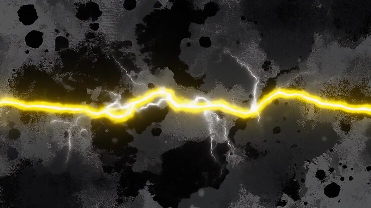 Fulmine giallo animato che colpisce su sfondo grunge scuro
