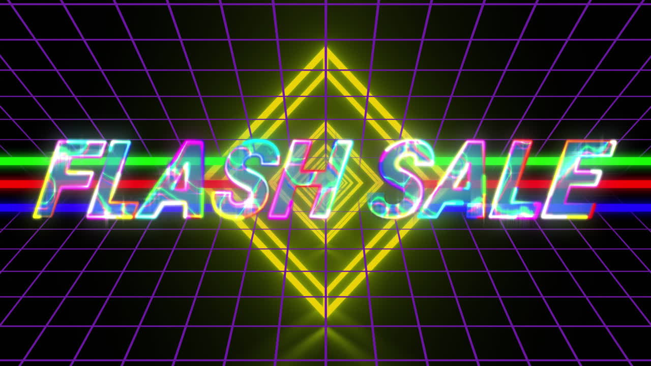 반 ⁇ 이는 노란색 네온 다이아몬드와 그리드 위에 노란색 글자로 플래시 판매 텍스트의 애니메이션
