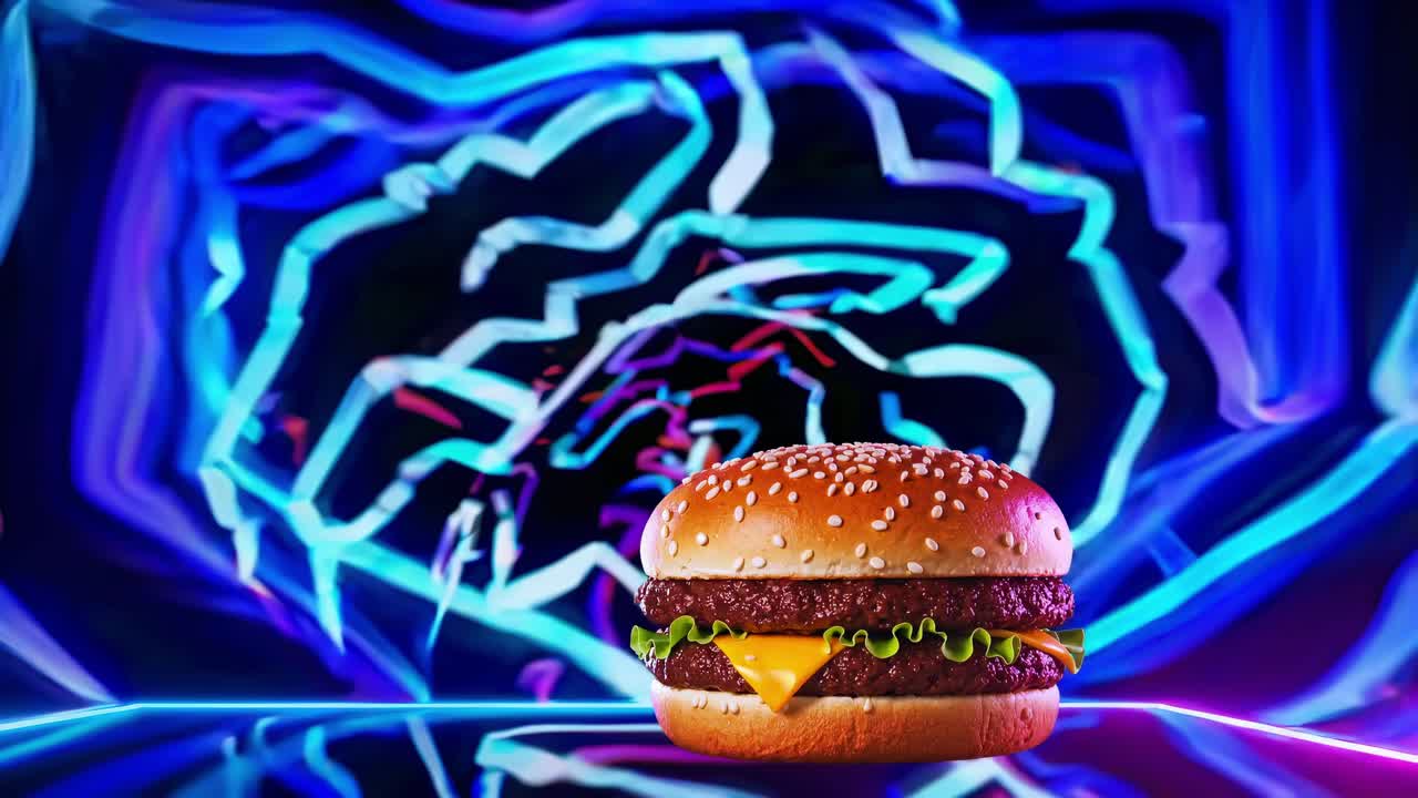 hamburguesa de queso con lechuga y rebanadas de queso girando sobre un colorido fondo de neón con líneas de luz giratorias creando una experiencia visual hipnotizante
