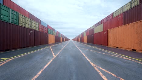 infinite rows of cargo shipping containers under overcast sky