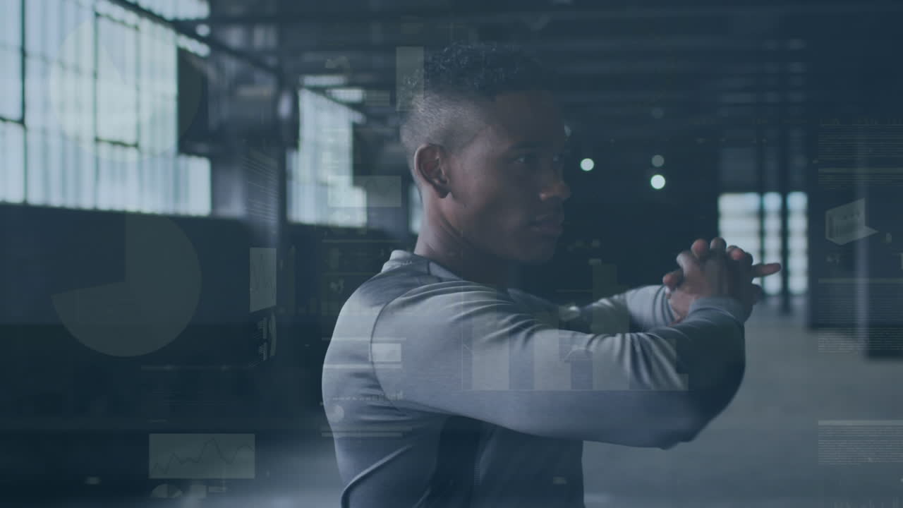 animación de datos con gráficos y gráficos que se mueven contra un joven africano haciendo ejercicio en el gimnasio