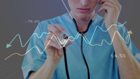 animation of diagram over caucasian female doctor using stethoscope