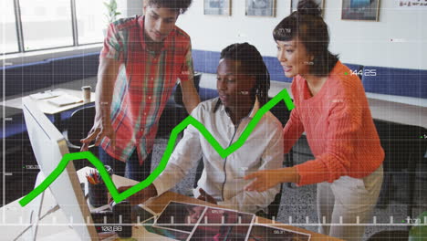 animation of graphs and changing numbers over diverse coworkers discussing reports on computer