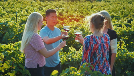 multi-ethnic group of friends tasting wine in the vineyard tourism and wine tasting concept