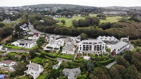 Aerial-shot-of-a-road-and-Hotels-at-Porthminster-Point-St-Ives-and-Carbis-Bay-Cornwall-England