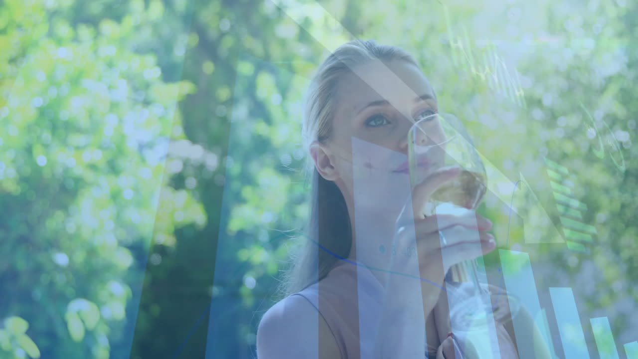 Woman drinking wine with financial data processing animation over nature background