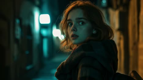 woman walking down a night alley