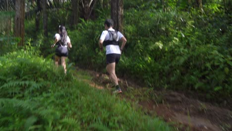 couple trail running in forest