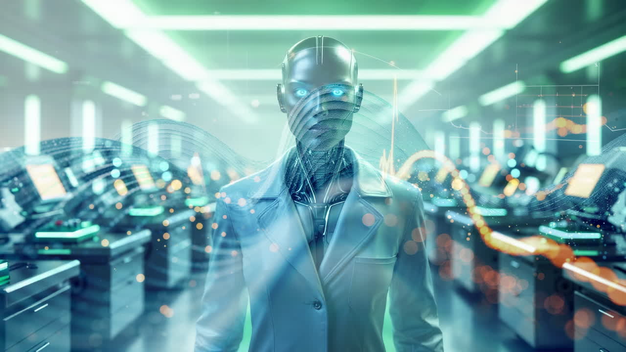 AI Robot in a Futuristic Data Center with Data Visualization