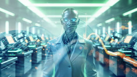 ai robot in a futuristic data center with data visualization