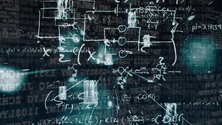 Binary codes surrounded by scientific symbols