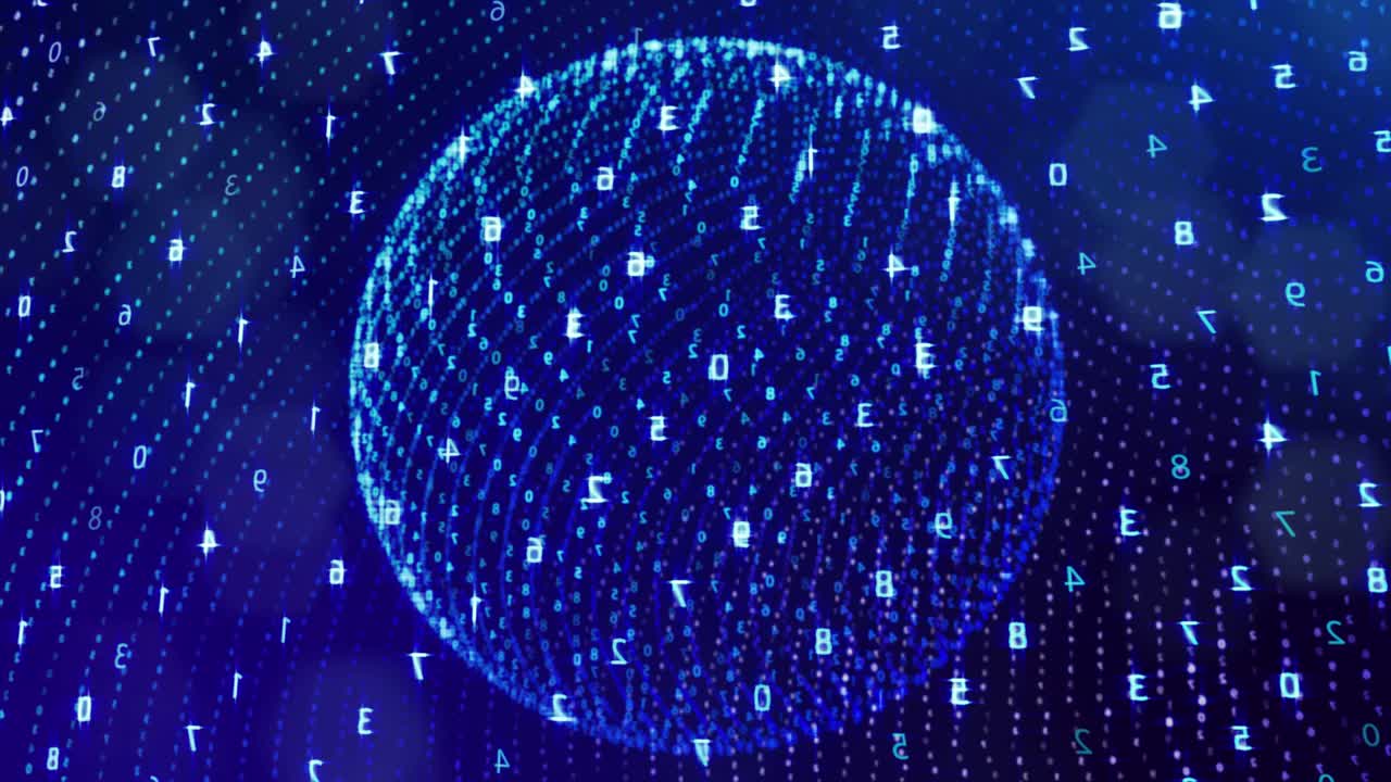 3d loop background, concept of digital data processing, calculation and visualization of computation. Counters of numbers in rows of lines on spheres. Blue digital information bg with numbers. Sci-fi bg.
